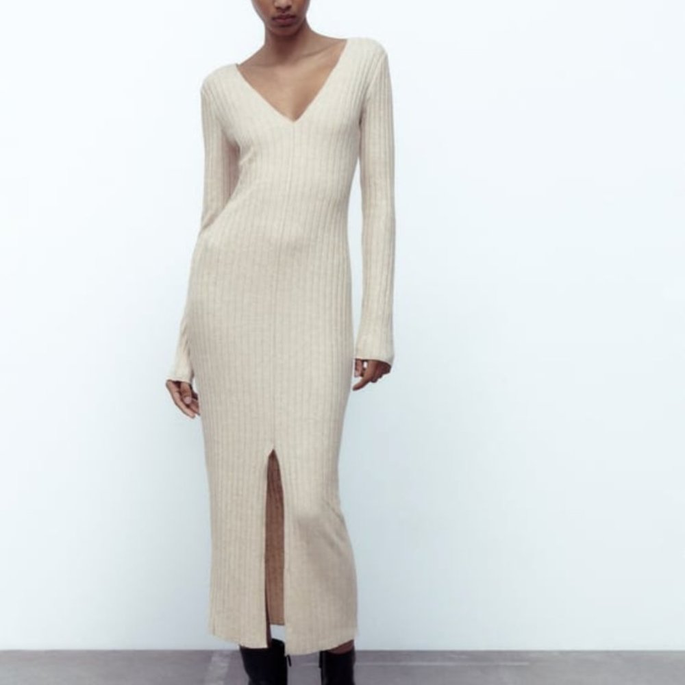 NWT Zara (S) Ribbed Soft Dress Beige